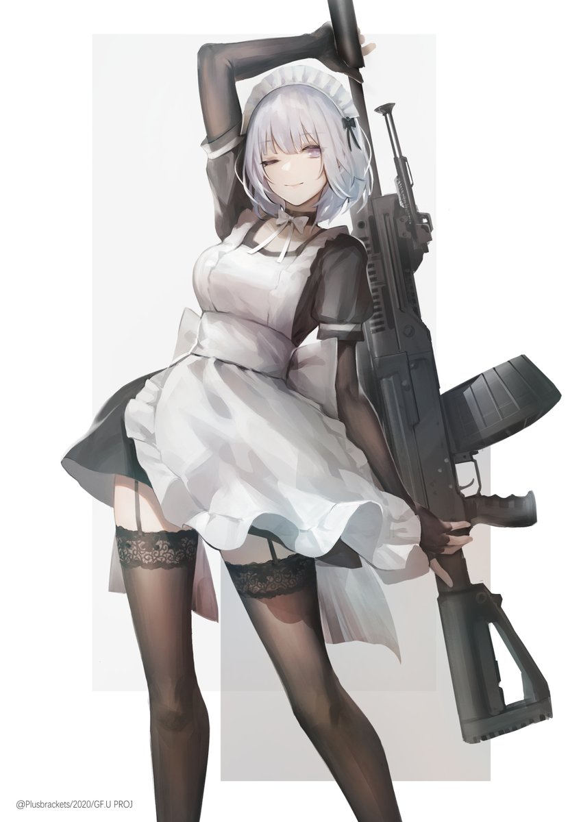 +)_(liu997139467) 1girl alternate_costume apron back_bow bangs bow commentary_request dress elbow_gloves feet_out_of_frame fingerless_gloves frilled_apron frills girls_frontline gloves grey_background highres maid maid_apron maid_headdress one_eye_closed puffy_sleeves rpk-16 rpk-16_(girls_frontline) short_hair silver_hair smile solo thigh-highs violet_eyes white_background