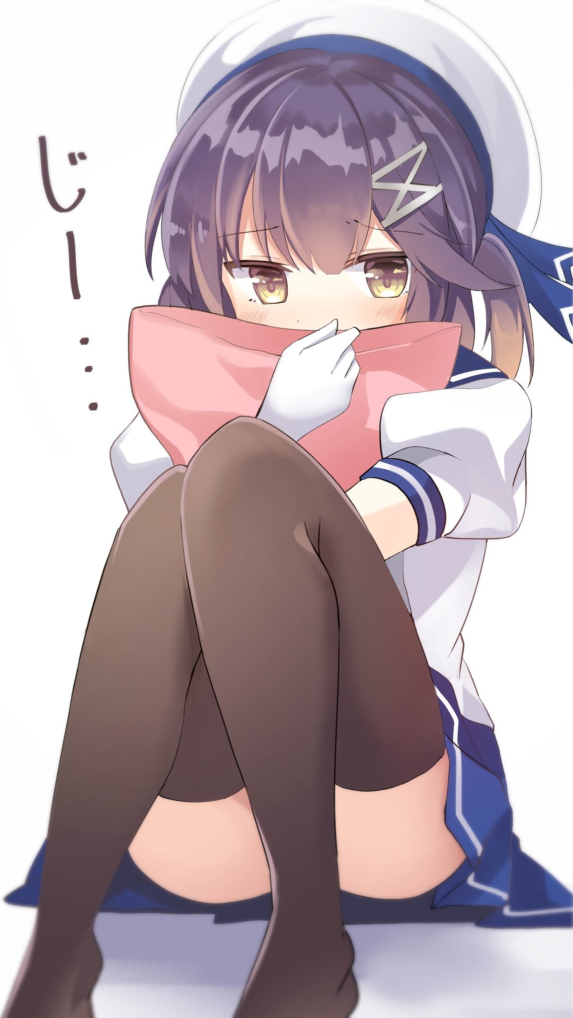 1girl black_legwear blue_sailor_collar blue_skirt blush fathom gloves gradient_hair hat highres kantai_collection long_hair multicolored_hair pillow pillow_hug pleated_skirt purple_hair sailor_collar sailor_hat school_uniform serafuku short_sleeves skirt solo thigh-highs tsushima_(kancolle) white_gloves white_headwear yellow_eyes