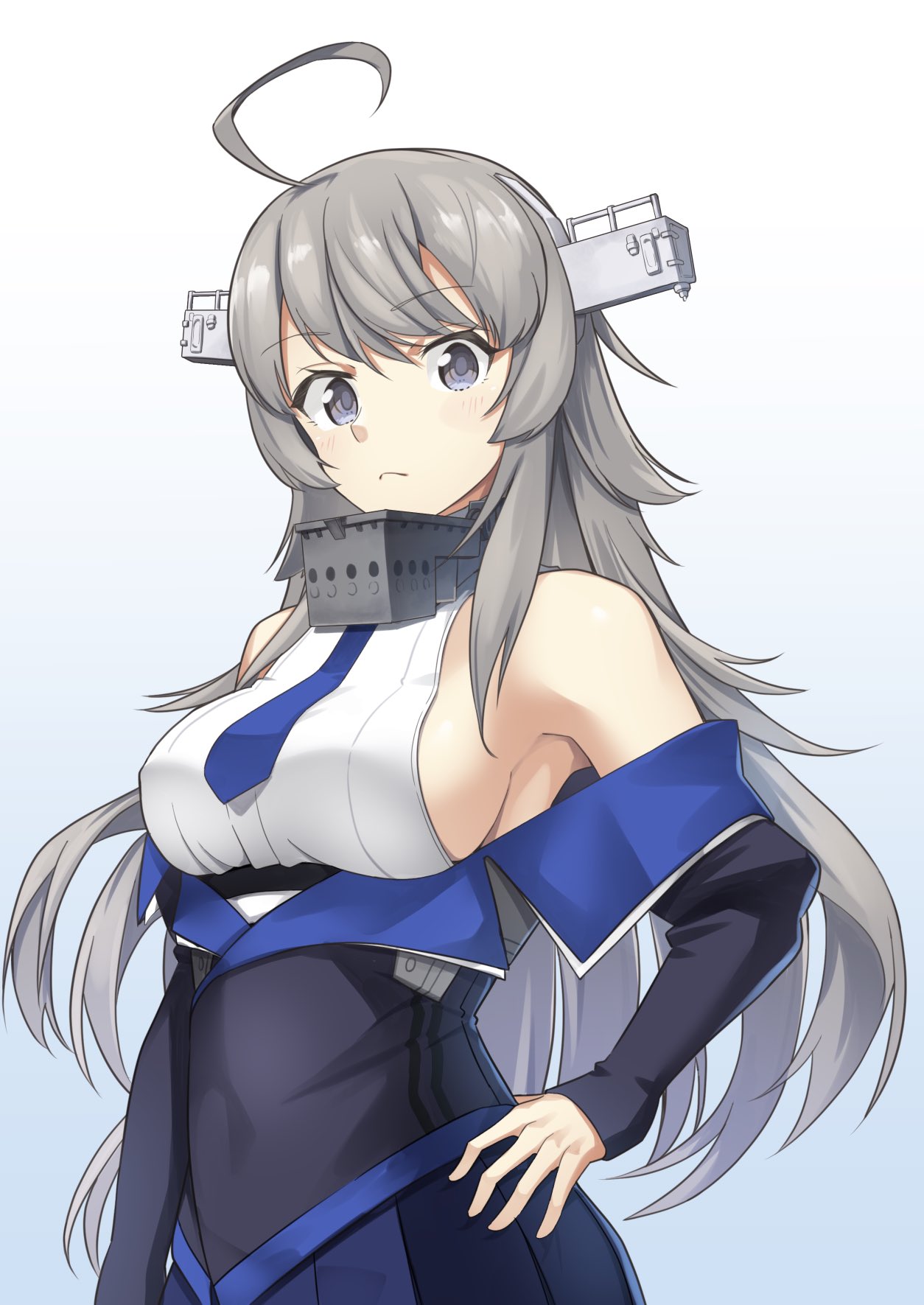 1girl ahoge blue_neckwear breasts closed_mouth collared_shirt eyebrows_visible_through_hair gradient gradient_background grey_eyes hair_between_eyes hand_on_hip headgear highres kantai_collection long_hair necktie negahami shirt sideboob silver_hair sleeveless sleeveless_shirt solo upper_body washington_(kancolle) white_shirt