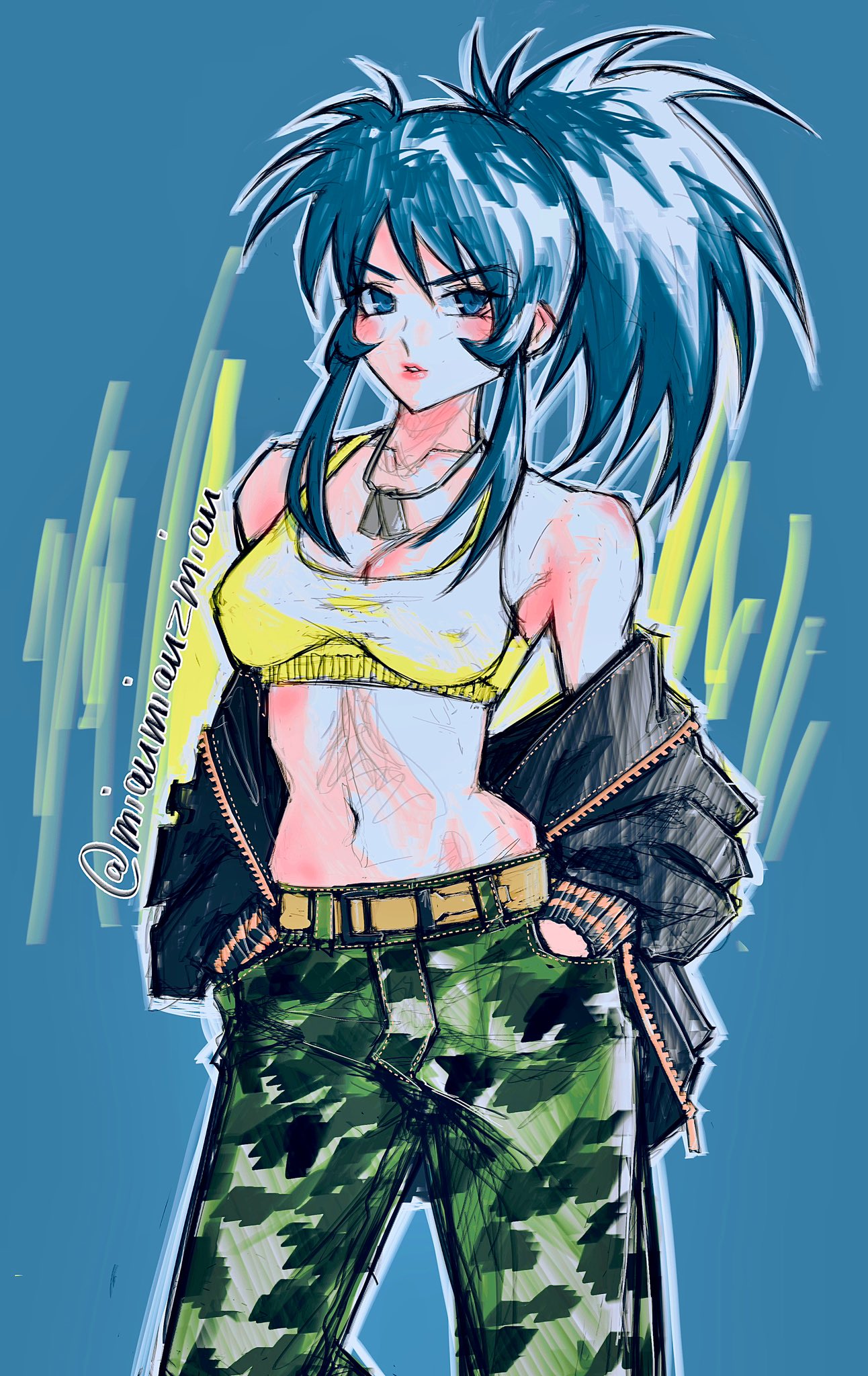 1girl bangs bare_shoulders belt blue_eyes blue_hair breasts camouflage camouflage_pants crop_top dog_tags earrings hands_in_pants highres jacket jewelry leona_heidern navel pants ponytail poririna signature solo tank_top the_king_of_fighters triangle_earrings watermark web_address yellow_tank_top zipper