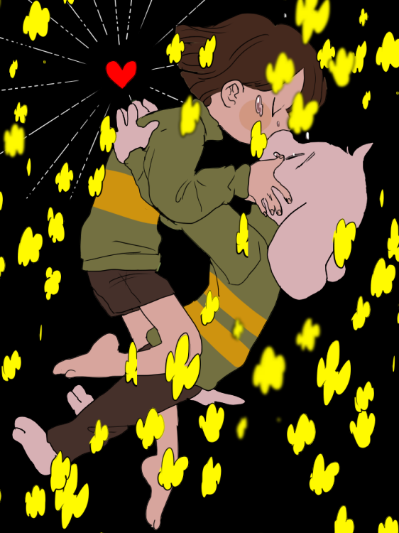 1boy 1other asriel_dreemurr bangs black_background blush bob_cut brown_hair brown_pants chara_(undertale) closed_eyes crying crying_with_eyes_open flower food furry furry_male grabbing green_shirt heart kiss long_sleeves looking_at_another medium_hair multicolored_shirt pants semi_kon shirt simple_background tail tears turtleneck undertale white_fur yellow_shirt