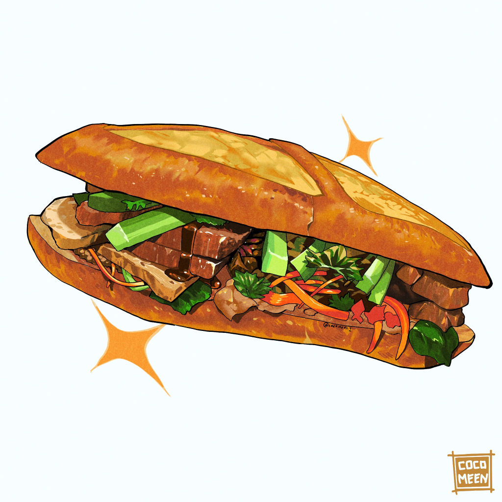 banh_mi bread bread_bun carrot cocomeen cucumber food food_focus leaf meat no_humans original parsley pastry realistic sandwich simple_background sparkle still_life vegetable white_background