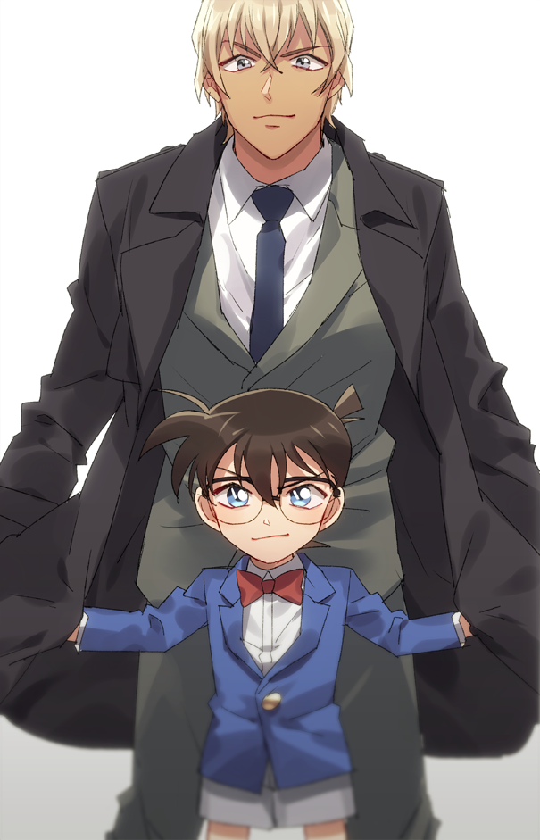 2boys amuro_tooru bangs black-framed_eyewear black_coat blazer blonde_hair blue_eyes blue_jacket blue_neckwear blurry bow bowtie brown_hair child closed_mouth coat collared_shirt commentary_request depth_of_field edogawa_conan formal glasses grey_jacket grey_pants grey_shorts grey_suit hair_between_eyes hands_in_pockets height_difference jacket k_(gear_labo) long_sleeves looking_at_viewer male_focus meitantei_conan multiple_boys necktie open_clothes open_coat outstretched_arms pants red_bow red_neckwear shirt short_hair shorts simple_background smile spread_arms standing suit white_background white_shirt