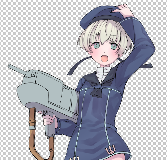 1girl black_neckwear blue_dress blue_eyes blue_headwear blue_sailor_collar checkered checkered_background commentary_request dress gun hat holding holding_clothes holding_hat itsumip kantai_collection looking_at_viewer machinery neckerchief sailor_collar sailor_dress sailor_hat short_hair silver_hair smile solo weapon work_in_progress z1_leberecht_maass_(kancolle)