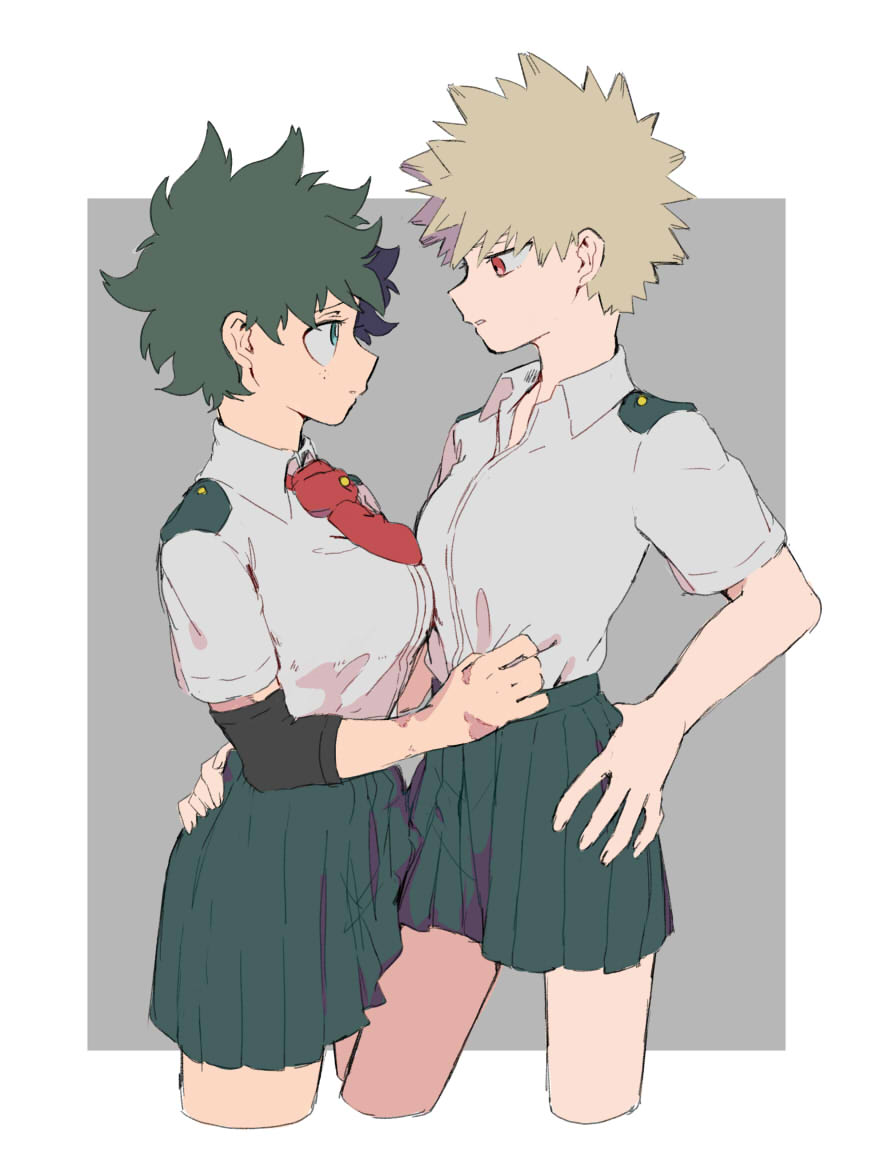 2girls arm_around_waist bakugou_katsuki bangs blonde_hair boku_no_hero_academia breasts collared_shirt cropped_legs freckles genderswap genderswap_(mtf) green_eyes green_hair hand_on_hip height_difference kayu_(hinoizurukuni) looking_at_another medium_breasts midoriya_izuku miniskirt multiple_girls necktie pleated_skirt red_eyes red_neckwear school_uniform shirt shirt_tucked_in short_hair short_necktie short_sleeves skirt spiky_hair u.a._school_uniform