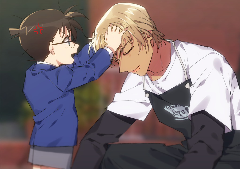 2boys :d amuro_tooru anger_vein apron arms_up bangs black-framed_eyewear black_apron black_shirt blazer blonde_hair blue_eyes blue_jacket blurry blurry_background blush brown_hair child closed_eyes clothes_writing collarbone commentary_request depth_of_field edogawa_conan employee_uniform fingernails from_side glasses grey_shorts hair_between_eyes hand_in_another's_hair hands_on_another's_head height_difference jacket k_(gear_labo) long_sleeves male_focus meitantei_conan messy_hair multiple_boys open_mouth shirt short_hair short_over_long_sleeves short_sleeves shorts smile squatting standing uniform white_shirt