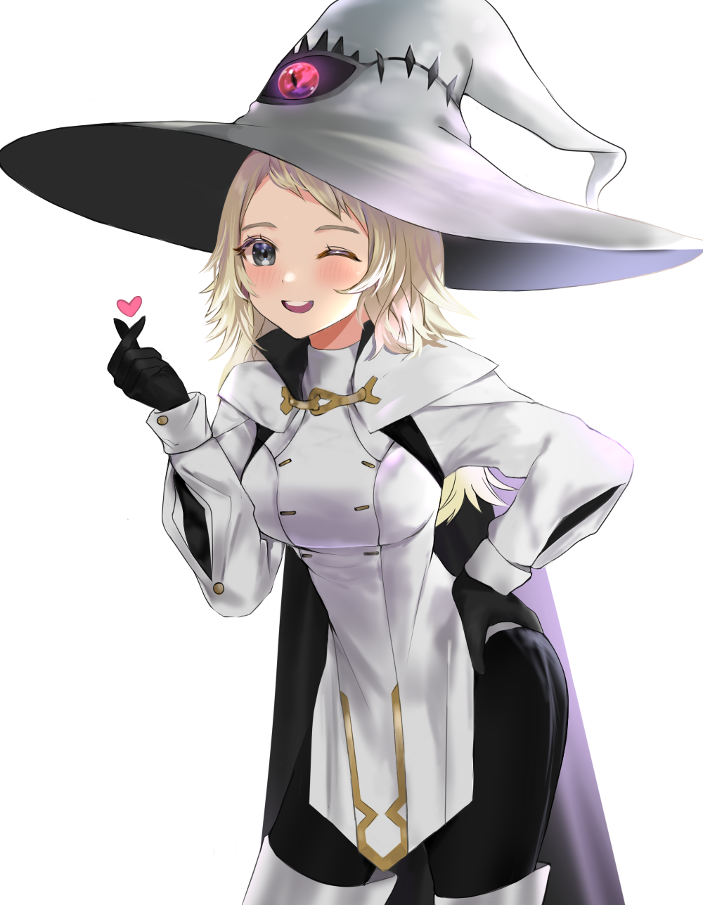 1girl bangs blonde_hair commission commissioner_upload cosplay eitri_(fire_emblem) eitri_(fire_emblem)_(cosplay) fire_emblem fire_emblem_fates fire_emblem_heroes gloves grey_eyes hand_on_hip hat heart highres long_hair looking_at_viewer nolepsantuy one_eye_closed ophelia_(fire_emblem) solo upper_body white_background witch_hat