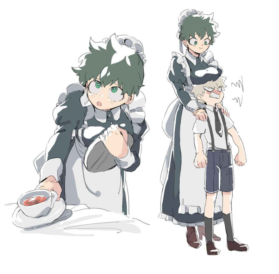 1boy 1girl :o age_difference alternate_costume angry apron bakugou_katsuki bangs black_dress black_legwear blonde_hair boku_no_hero_academia breasts brown_footwear child collared_shirt commentary_request cup dress enmaided frilled_dress frills genderswap genderswap_(mtf) green_eyes green_hair grey_apron hands_on_another's_shoulder holding holding_tray juliet_sleeves kayu_(hinoizurukuni) kneehighs large_breasts long_sleeves maid maid_apron male_focus midoriya_izuku multiple_views necktie puffy_sleeves shirt shoes short_hair short_sleeves shorts simple_background smile suspenders teacup tray white_background younger