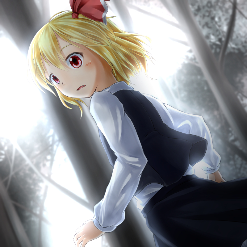 1girl arm_up black_skirt black_vest blonde_hair blurry blurry_background cowboy_shot day dutch_angle fang forest from_side hair_between_eyes hair_ribbon long_sleeves looking_to_the_side nature nogiguchi open_mouth outdoors red_eyes ribbon rumia shirt short_hair skirt solo standing symbol_commentary touhou vest white_shirt wind wind_lift