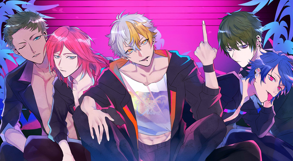 5boys abs black_jacket black_pants blackstar_-theater_starless- blonde_hair blue_hair character_request closed_mouth ear_piercing eyebrows_visible_through_hair green_hair jacket long_hair male_focus mouth_piercing multicolored_hair multiple_boys one_eye_closed open_clothes open_jacket open_mouth pants piercing pink_background pink_hair pointing pointing_up ritsuno_ananda shirt shirtless short_hair silver_hair tongue tongue_out white_shirt