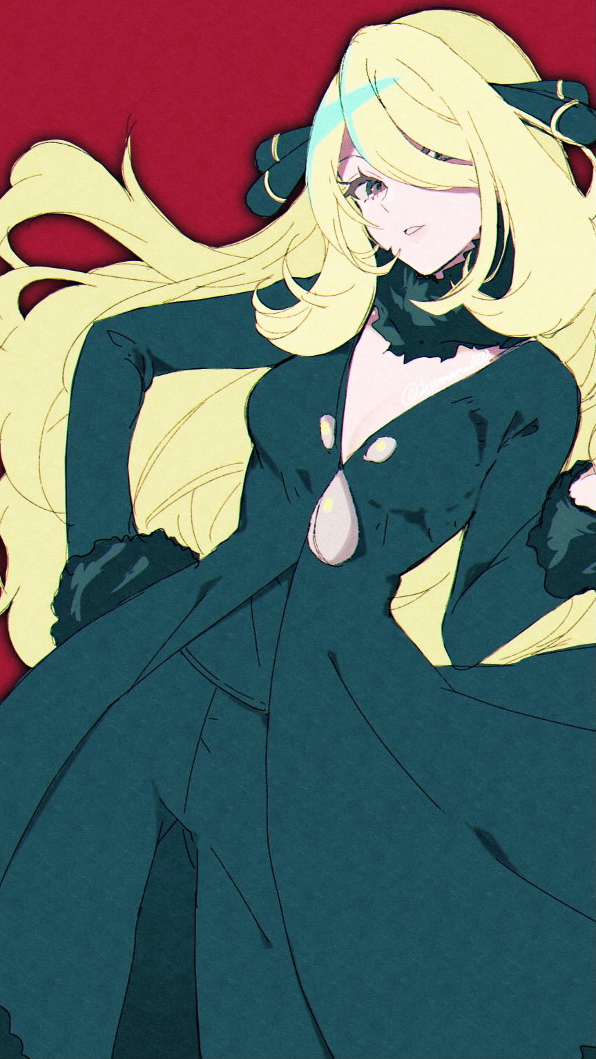 1girl blonde_hair coat commentary_request cynthia_(pokemon) eyelashes floating_hair fur-trimmed_coat fur_collar fur_trim green_coat green_pants green_shirt hair_ornament hair_over_one_eye hand_on_hip hand_up head_tilt highres looking_at_viewer mokorei pants parted_lips pokemon pokemon_(game) pokemon_dppt red_background shirt simple_background solo