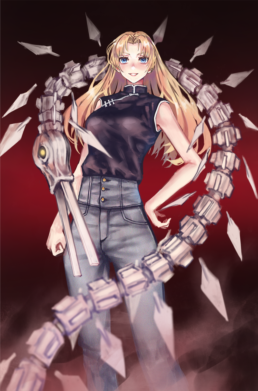 1girl bangs black_shirt blonde_hair blue_eyes blue_pants blurry breasts changpao chinese_clothes closed_mouth commentary cowboy_shot denim depth_of_field gradient gradient_background grin hand_on_hip highres jeans jujutsu_kaisen level9kaito lips long_hair looking_at_viewer medium_breasts pants parted_bangs red_background shikigami shirt shirt_tucked_in simple_background sleeveless sleeveless_shirt smile solo tsukumo_yuki_(jujutsu_kaisen)