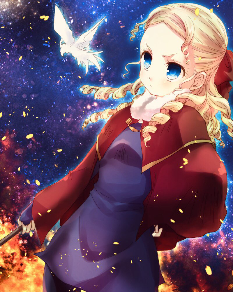 1girl blonde_hair blue_eyes cape casting_spell cloak curly_hair fingerless_gloves gloves harushino jelanda long_hair magic red_cape serious valkyrie_profile wand