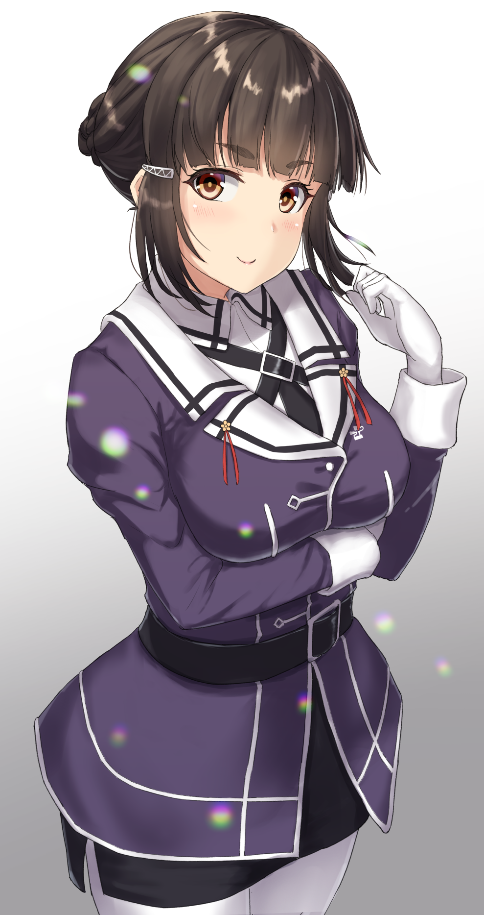 1girl black_hair black_skirt blush braid braided_bun brown_eyes closed_mouth cowboy_shot gloves gradient gradient_background highres jacket kantai_collection long_sleeves military military_uniform monoku myoukou_(kancolle) pantyhose pencil_skirt purple_jacket short_hair skirt smile solo uniform white_gloves white_legwear