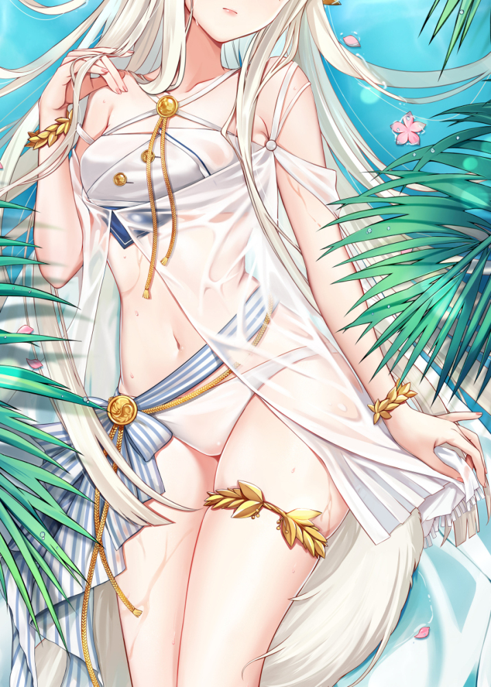 1girl aiguillette arknights bare_legs bikini bracelet breasts chinese_commentary closed_mouth collarbone criss-cross_halter dakimakura_(medium) dress facing_viewer from_above halterneck hand_in_hair head_out_of_frame horse_tail jewelry jiushi_shijiu lips long_hair medium_breasts midriff navel off-shoulder_dress off_shoulder official_alternate_costume partially_submerged petals plant platinum_(arknights) platinum_(shimmering_dew)_(arknights) sash see-through silver_hair solo straight_hair striped_sash swimsuit tail thighlet thighs torso very_long_hair water wet wet_clothes white_bikini white_dress