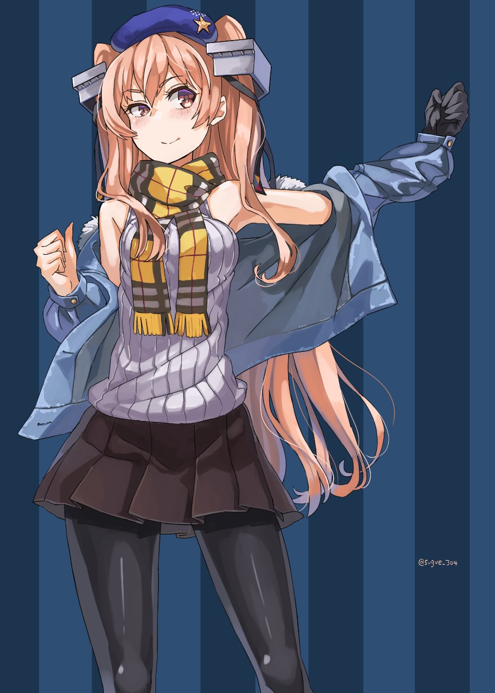 1girl alternate_costume bangs beret black_gloves black_legwear black_skirt blue_background blue_headwear blush breasts denim denim_jacket eyebrows_visible_through_hair fur-trimmed_jacket fur_trim gloves grey_shirt hat headgear highres jacket johnston_(kancolle) kantai_collection light_brown_hair long_hair long_sleeves medium_breasts pantyhose pleated_skirt ribbed_shirt scarf shirt simple_background single_glove skirt sleeveless sleeveless_shirt smile solo star_(symbol) striped striped_background sugue_tettou twitter_username two_side_up yellow_scarf