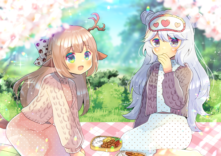 :d animal_ears antlers bangs barefoot blurry blurry_background blush bow brown_hair brown_jacket character_request closed_mouth commentary_request day deer_ears depth_of_field double_bun dress eyebrows_visible_through_hair feet_out_of_frame food frills green_eyes grey_eyes hair_bow hand_to_own_mouth hand_up heart indie_virtual_youtuber jacket kouu_hiyoyo long_hair long_sleeves mask mask_on_head open_clothes open_jacket open_mouth outdoors picnic pink_dress plaid polka_dot polka_dot_dress puffy_long_sleeves puffy_sleeves rainbow reindeer_antlers reindeer_girl silver_hair sitting sleep_mask smile sparkle very_long_hair virtual_youtuber white_bow white_dress yokozuwari