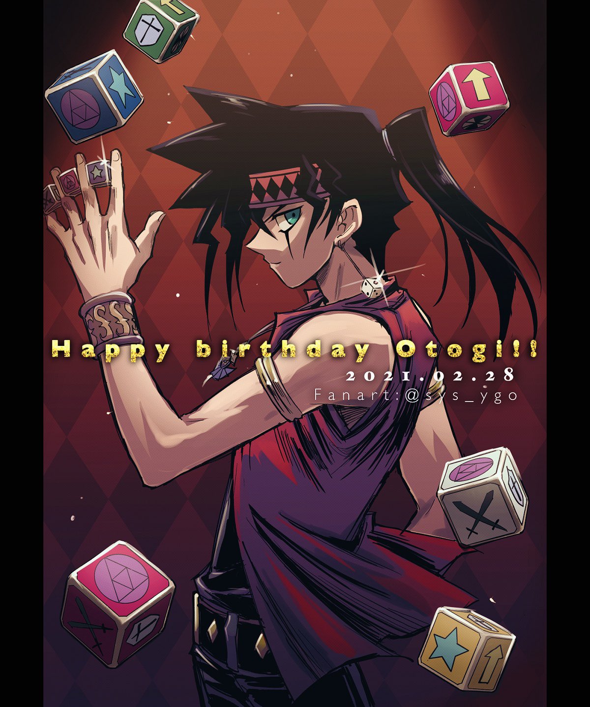 1boy artist_name bangs black_hair bracer character_name closed_mouth commentary_request dated dice earrings from_side green_eyes hair_tie happy_birthday headband highres holding jewelry long_hair looking_at_viewer male_focus otogi_ryuuji ponytail solo soya_(sys_ygo) tied_hair yu-gi-oh!