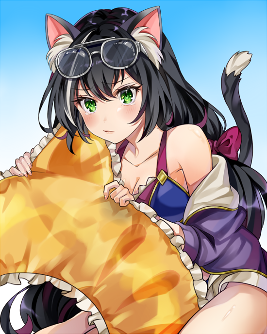 1girl akaneya-ya animal_ears bangs bare_shoulders bikini bikini_top black_hair blue_background blue_bikini blush bow cat_ears cat_girl cat_tail closed_mouth cowboy_shot day eyebrows_visible_through_hair eyewear_on_head gradient gradient_background green_eyes hair_bow innertube karyl_(princess_connect!) long_hair looking_at_viewer low-tied_long_hair multicolored_hair off_shoulder outdoors pout princess_connect! princess_connect!_re:dive purple_bow sidelocks sitting sky solo streaked_hair sunglasses swimsuit tail tearing_up