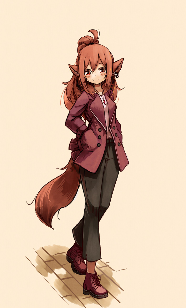 159cm 1girl animal_ears black_pants brown_hair closed_mouth earrings fang fang_out full_body grey_background hands_in_pockets jacket jewelry looking_at_viewer necklace original pants pink_shirt ponytail red_eyes red_footwear red_jacket shirt shoes simple_background single_earring skin_fang smile solo tail wine-chan_(159cm)