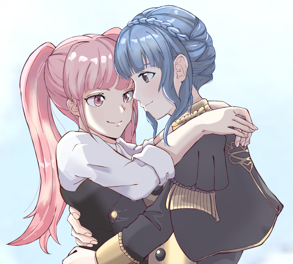 2girls bangs black_jacket blue_background blue_hair braid brown_eyes commentary crown_braid fire_emblem fire_emblem:_three_houses from_side garreg_mach_monastery_uniform hilda_valentine_goneril hug jacket long_hair long_sleeves marianne_von_edmund multiple_girls pink_eyes pink_hair profile shirt short_hair smile teru_(guzzlord_7074) twintails upper_body white_shirt