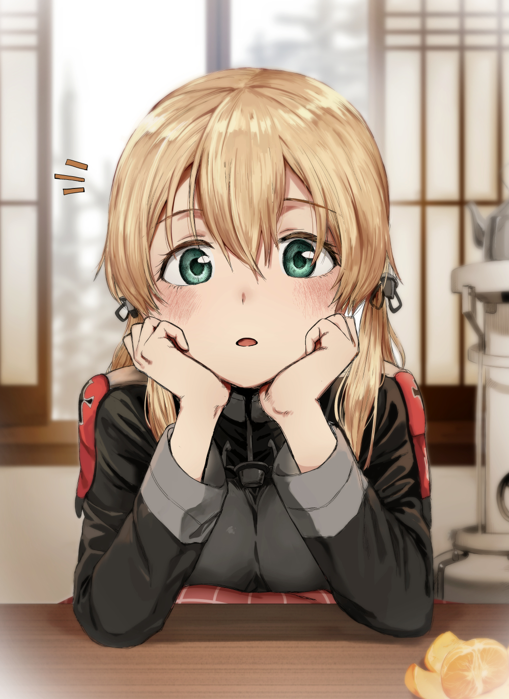 1girl anchor_hair_ornament bangs blonde_hair blurry blush breasts commentary_request depth_of_field eyebrows_visible_through_hair food fruit green_eyes hair_ornament hands_on_own_cheeks hands_on_own_face hat head_rest heater highres indoors kantai_collection kotatsu long_sleeves looking_at_viewer low_twintails mandarin_orange military military_uniform mirui2 open_mouth prinz_eugen_(kancolle) solo table twintails uniform upper_body window