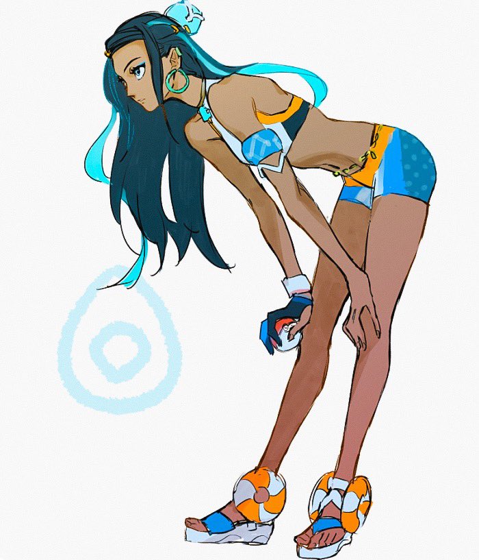 1girl armlet belly_chain bent_over bike_shorts black_hair blue_eyeshadow blue_hair dark_skin dark-skinned_female dynamax_band earrings eyelashes eyeshadow gloves gym_leader hair_bun holding holding_poke_ball hoop_earrings jewelry long_hair makeup multicolored_hair necklace nessa_(pokemon) p-40_(tukinosita-de) parted_lips poke_ball poke_ball_(basic) pokemon pokemon_(game) pokemon_swsh sandals sidelocks single_glove solo toes two-tone_hair