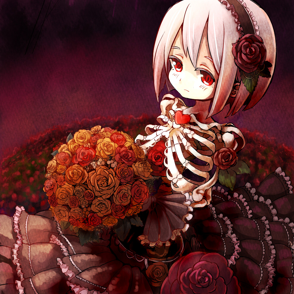 159cm 1girl black_skirt bouquet closed_mouth field flower flower_field gloria_(159cm) hair_flower hair_ornament hairband heart holding holding_bouquet layered_skirt looking_at_viewer orange_flower orange_rose original red_eyes red_flower red_rose ribs rose skeleton skirt solo
