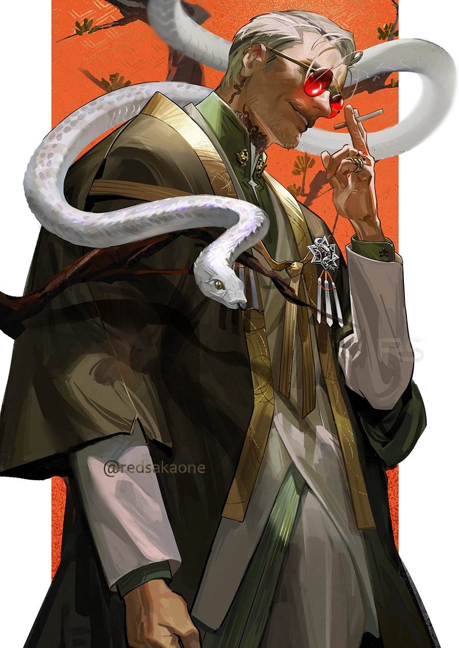 1boy animal_on_shoulder cigarette facial_hair highres jewelry long_sleeves male_focus neck_tattoo original red-tinted_eyewear red_background redsakaone ring short_hair snake snake_tattoo solo standing stubble tattoo twitter_username white_hair white_snake