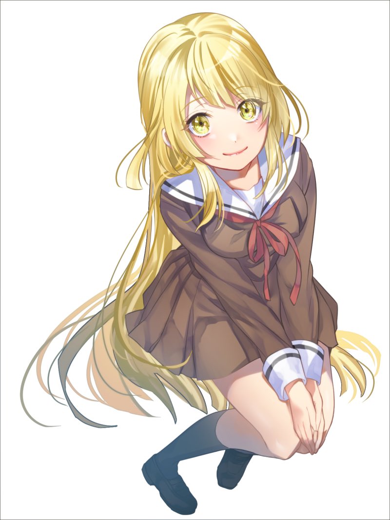 1girl akaneya-ya bang_dream! bangs blonde_hair blush breasts closed_mouth commentary eyebrows_visible_through_hair from_above full_body hanasakigawa_school_uniform hands_on_own_knees invisible_chair legs_together loafers long_hair long_sleeves looking_at_viewer medium_breasts red_neckwear sailor_collar school_uniform shoes sidelocks simple_background sitting smile socks solo swept_bangs tsurumaki_kokoro very_long_hair white_background yellow_eyes