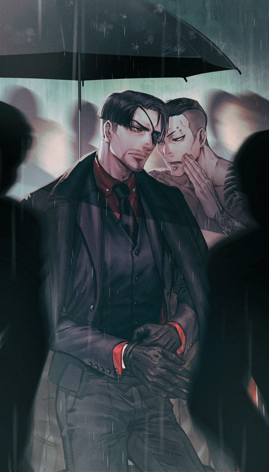 2boys adjusting_clothes adjusting_gloves arm_tattoo black_eyepatch black_gloves black_hair black_jacket black_neckwear black_suit eyebrow_piercing eyepatch facial_hair flower_tattoo formal gloves goatee hair_slicked_back highres jacket jacket_on_shoulders jiao_mao leather leather_gloves majima_gorou minami_daisaku mohican multiple_boys multiple_girls necktie pants piercing rain ryuu_ga_gotoku ryuu_ga_gotoku_4 shirtless solo_focus tattoo weather yakuza