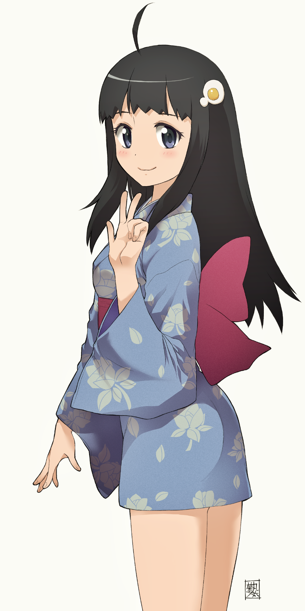 1girl ahoge araragi_tsukihi artist_name bangs black_hair blue_eyes blue_kimono blunt_bangs blush breasts commentary cowboy_shot egg_hair_ornament floral_print food_themed_hair_ornament from_side hair_ornament highres japanese_clothes kikumaru_bunta kimono long_hair looking_at_viewer looking_to_the_side medium_breasts monogatari_(series) obi red_sash sash short_kimono signature simple_background smile solo translated white_background