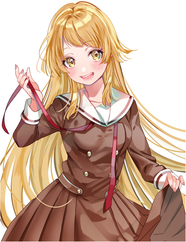 1girl :d akaneya-ya bang_dream! bangs blonde_hair blush breasts commentary cowboy_shot diagonal_bangs dress eyebrows_visible_through_hair hanasakigawa_school_uniform head_tilt long_hair long_sleeves medium_breasts neckwear_removed open_mouth pleated_dress red_neckwear red_ribbon removing ribbon sailor_collar school_uniform sidelocks simple_background skirt_hold smile solo standing tsurumaki_kokoro untied upturned_eyes very_long_hair white_background yellow_eyes