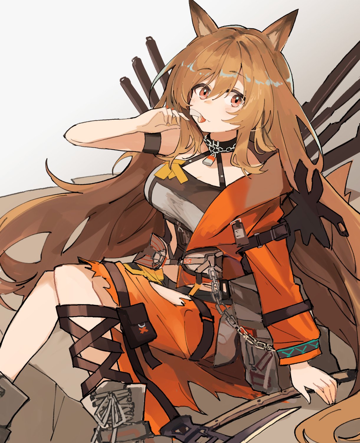 1girl animal_ears arknights arm_strap arm_support axe breasts brown_hair ceobe_(arknights) ceobe_(summer_flowers)_(arknights) chain dog_ears eating exion_(neon) eyebrows_visible_through_hair feet_out_of_frame food hand_up highres infection_monitor_(arknights) jacket lock long_hair looking_at_viewer mouth_hold mushroom official_alternate_costume open_clothes open_jacket orange_jacket orange_pants padlock pants red_eyes sitting solo torn_clothes torn_pants very_long_hair weapon weapon_on_back white_background