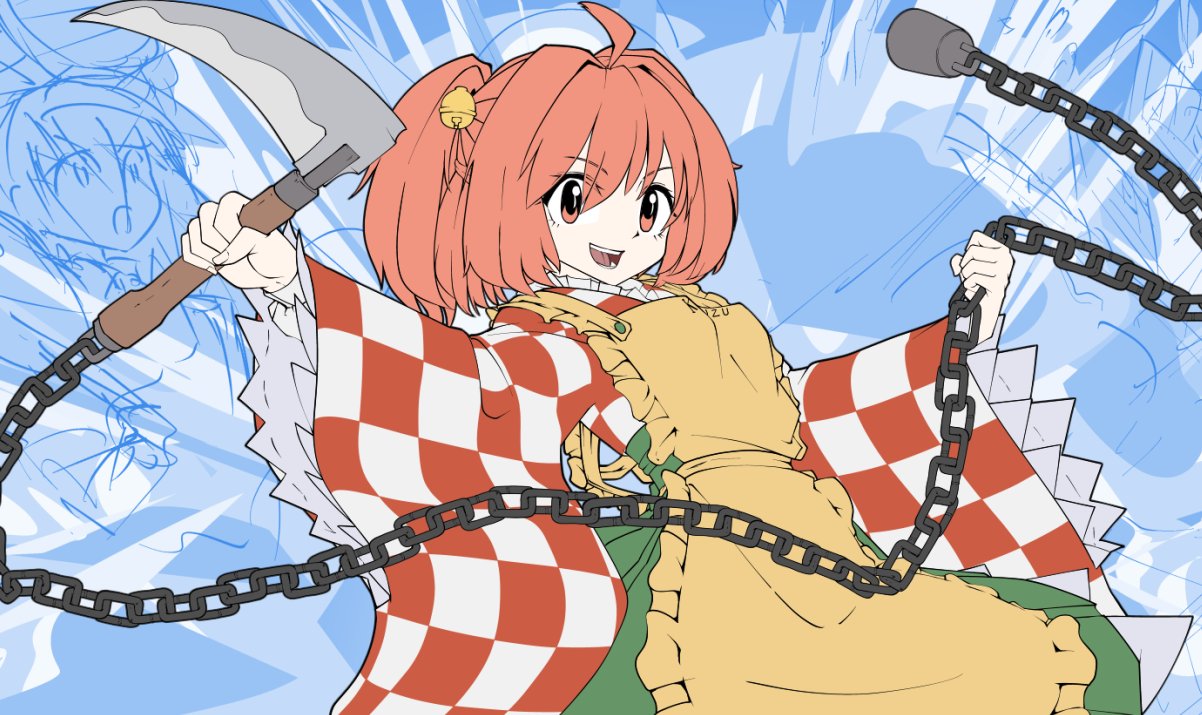 1girl apron bell buttons chain character_name checkered clothes_writing eyebrows_visible_through_hair eyes_visible_through_hair hair_bell hair_ornament holding holding_weapon japanese_clothes kikoka_(mizuumi) kimono kusarigama long_hair motoori_kosuzu open_mouth red_eyes redhead romaji_text sickle sketch smile solo teeth touhou twintails two_side_up weapon