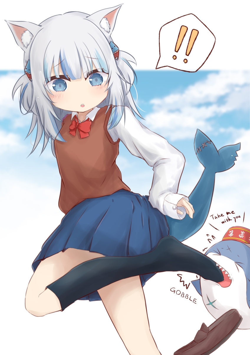 !! &gt;_&lt; 1girl :o alternate_costume animal_ear_fluff animal_ears black_legwear bloop_(gawr_gura) blue_eyes blue_hair blue_skirt bow breasts brown_footwear cat_ears closed_eyes collared_shirt commentary_request day fish_tail gawr_gura grey_hair hair_ornament highres hololive hololive_english kemonomimi_mode kneehighs loafers long_hair long_sleeves multicolored_hair parted_lips pleated_skirt red_bow ridy_(ri_sui) school_uniform shark_tail sharp_teeth shirt shoe_removed shoes skirt small_breasts standing standing_on_one_leg streaked_hair sweater_vest tail teeth two_side_up virtual_youtuber white_shirt