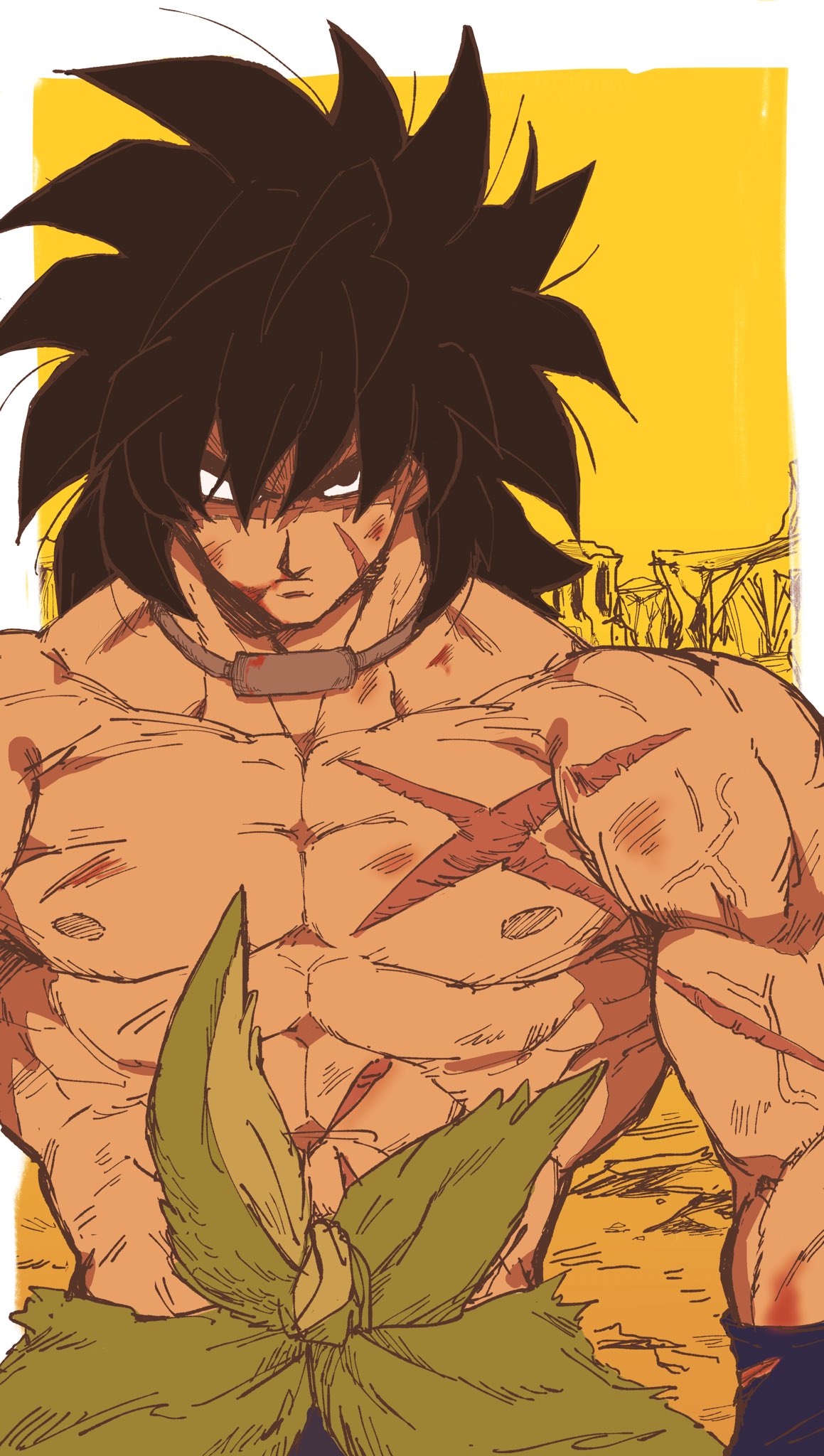 1boy abs black_eyes black_hair broly_(dragon_ball_super) bruise bruise_on_face dragon_ball dragon_ball_super dragon_ball_super_broly highres injury looking_at_viewer male_focus mature_male muscular muscular_male nipples pectorals relio_db318 scar scar_on_cheek scar_on_chest scar_on_face shirtless short_hair solo spiky_hair stomach upper_body wind