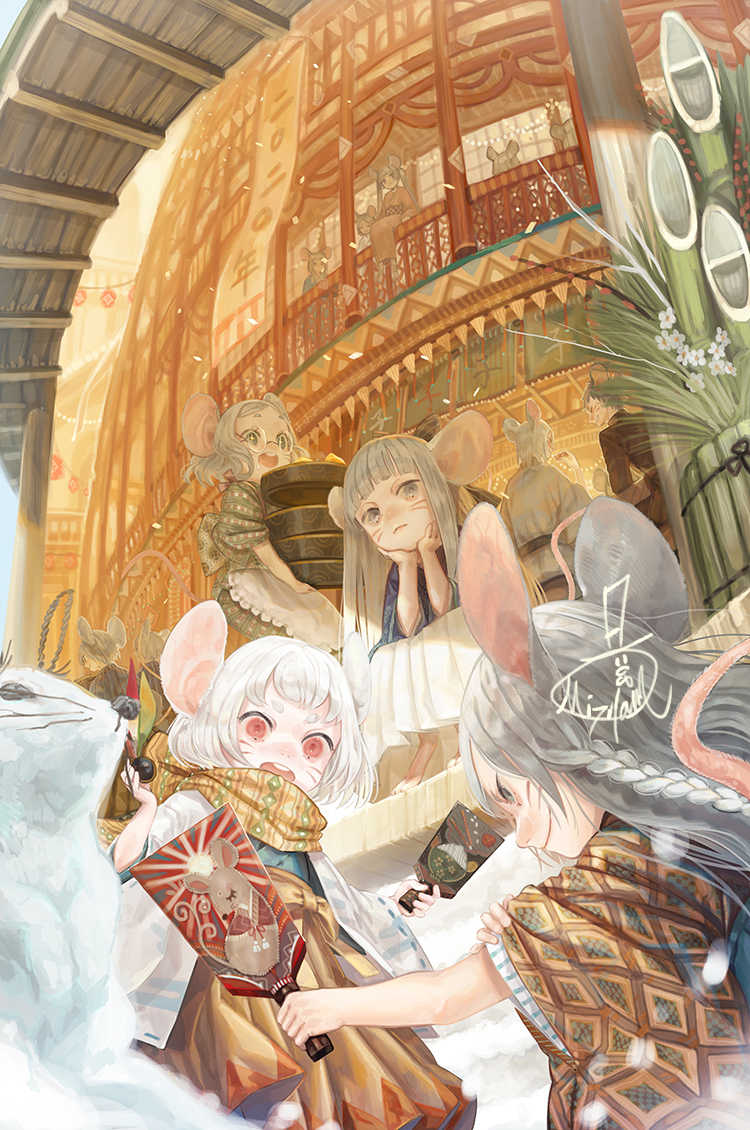 6+girls animal_ears bamboo bangs blunt_bangs braid chinese_zodiac flower glasses grass grey_hair long_hair medium_hair mizutame_tori mouse_ears mouse_girl mouse_tail multiple_girls open_mouth original plant red_eyes scarf short_sleeves signature smile tail white_flower white_hair year_of_the_rat