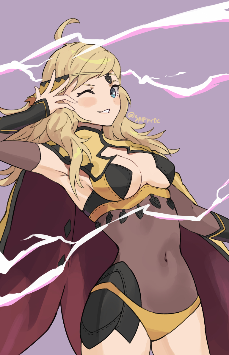 1girl ahoge bangs blonde_hair blue_eyes breasts bridal_gauntlets circlet fire_emblem fire_emblem_fates lightning looking_at_viewer medium_breasts navel one_eye_closed ophelia_(fire_emblem) solo spiffydc turtleneck upper_body