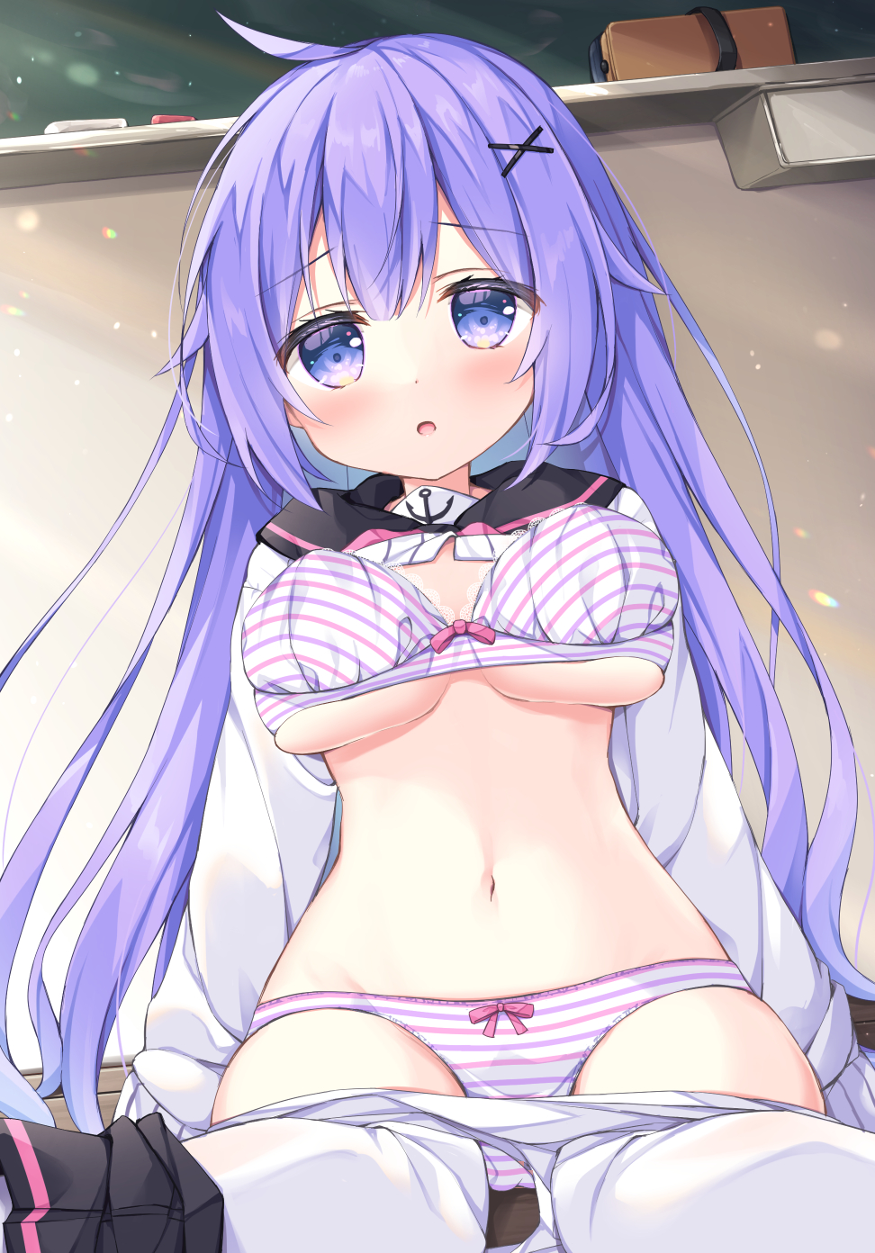 1girl :o azur_lane bangs black_sailor_collar black_skirt board_eraser bow bow_bra bow_panties bra breasts chalk classroom commentary_request eraser eyebrows_visible_through_hair hair_ornament highres long_hair long_sleeves looking_at_viewer medium_breasts navel open_mouth panties purple_hair sailor_collar satsuki_yukimi school_uniform serafuku shirt sitting skirt skirt_aside solo striped striped_panties sunlight thigh-highs thighhighs_pull under_boob underwear unicorn_(azur_lane) violet_eyes wall white_legwear white_shirt x_hair_ornament