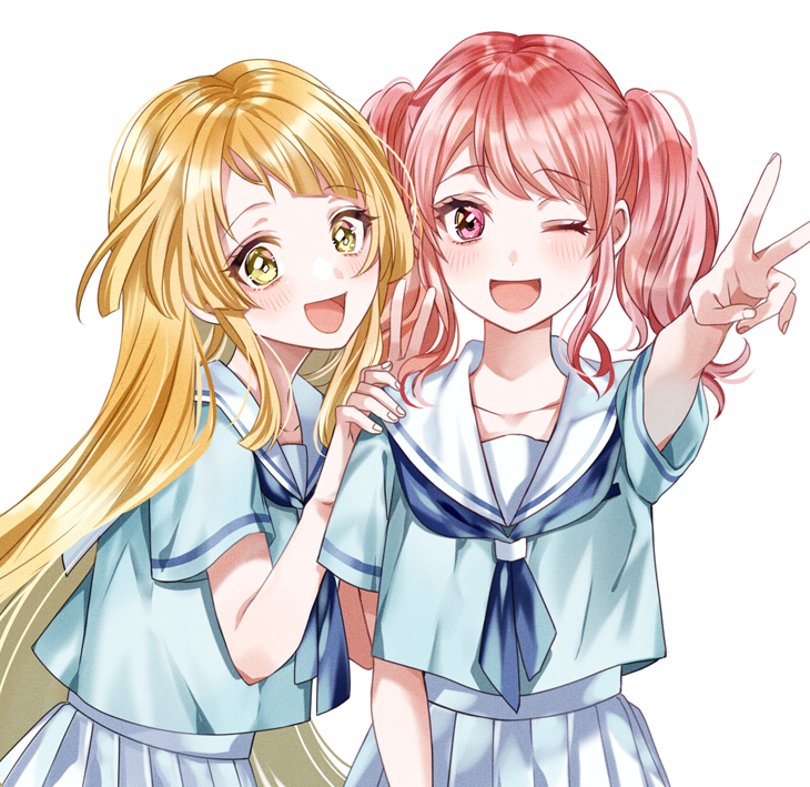 2girls :d ;d akaneya-ya bang_dream! bangs blonde_hair blue_neckwear blush commentary_request diagonal_bangs eyebrows_visible_through_hair hanasakigawa_school_uniform hand_on_another's_shoulder long_hair looking_at_viewer maruyama_aya medium_hair multiple_girls neckerchief one_eye_closed open_mouth pink_eyes pink_hair sailor_collar school_uniform serafuku short_sleeves short_twintails sidelocks simple_background smile standing swept_bangs tsurumaki_kokoro twintails upper_body v white_background yellow_eyes