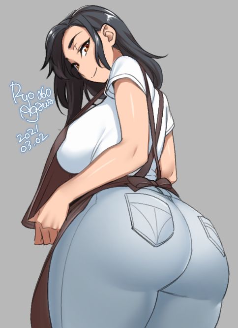 1girl 2021 agawa_ryou ass breasts brown_eyes brown_hair dated denim english_commentary grey_background huge_ass jeans large_breasts long_hair looking_at_viewer looking_back original pants simple_background smile solo thick_thighs thighs