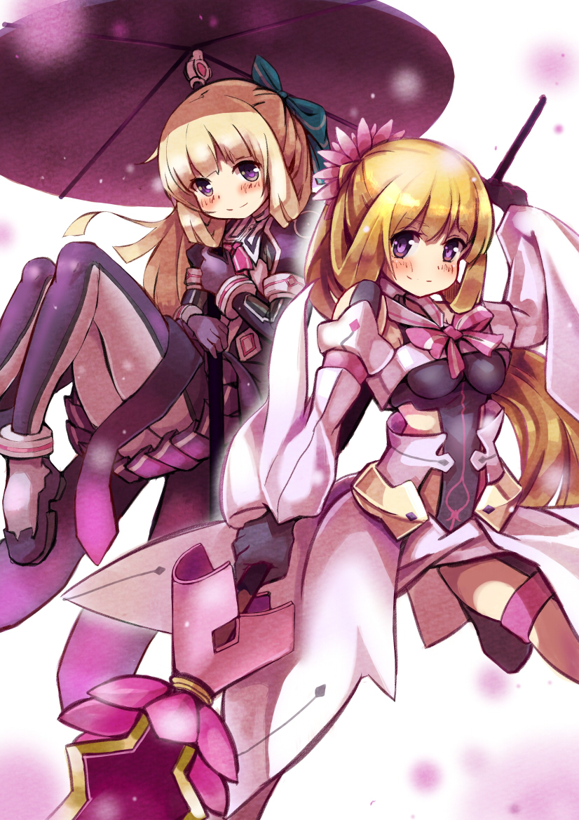 159cm 2girls blonde_hair blue_bow blush bodysuit bow breasts character_request closed_mouth eyebrows_visible_through_hair flower gloves grey_gloves hair_bow hair_flower hair_ornament holding holding_staff holding_umbrella long_hair long_sleeves looking_at_viewer medium_breasts multiple_girls nogi_sonoko pink_flower pleated_skirt ponytail purple_gloves purple_skirt purple_umbrella skirt smile staff umbrella violet_eyes washio_sumi_wa_yuusha_de_aru wide_sleeves yuuki_yuuna_wa_yuusha_de_aru yuusha_de_aru