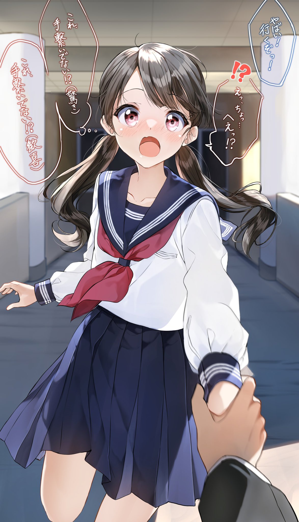 !? 1boy 1girl bangs black_hair blue_sailor_collar blue_skirt blush commentary_request day eyebrows_visible_through_hair highres holding_hands long_hair long_sleeves looking_at_viewer low_twintails neckerchief open_mouth original outdoors pentagon_(railgun_ky1206) pleated_skirt red_eyes red_neckwear sailor_collar school_uniform serafuku shirt skirt solo_focus translation_request twintails very_long_hair white_shirt