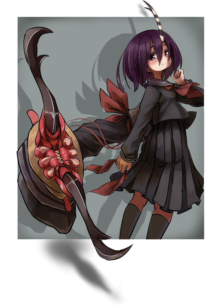 159cm 1girl black_legwear black_sailor_collar black_shirt black_skirt bobbit_worm border closed_mouth drop_shadow feet_out_of_frame hand_up horns isome_meme_(159cm) long_sleeves looking_at_viewer medium_hair original pleated_skirt purple_hair sailor_collar school_uniform serafuku shirt single_horn skirt socks solo standing striped_horns tail tail_mouth violet_eyes white_border