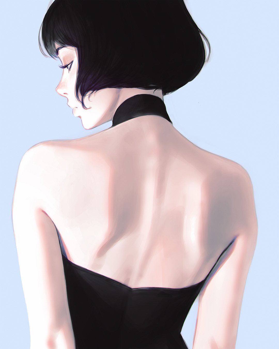 1girl bare_shoulders black_dress black_hair bob_cut character_request closed_mouth dress from_behind highres ilya_kuvshinov lips looking_to_the_side short_hair simple_background solo upper_body