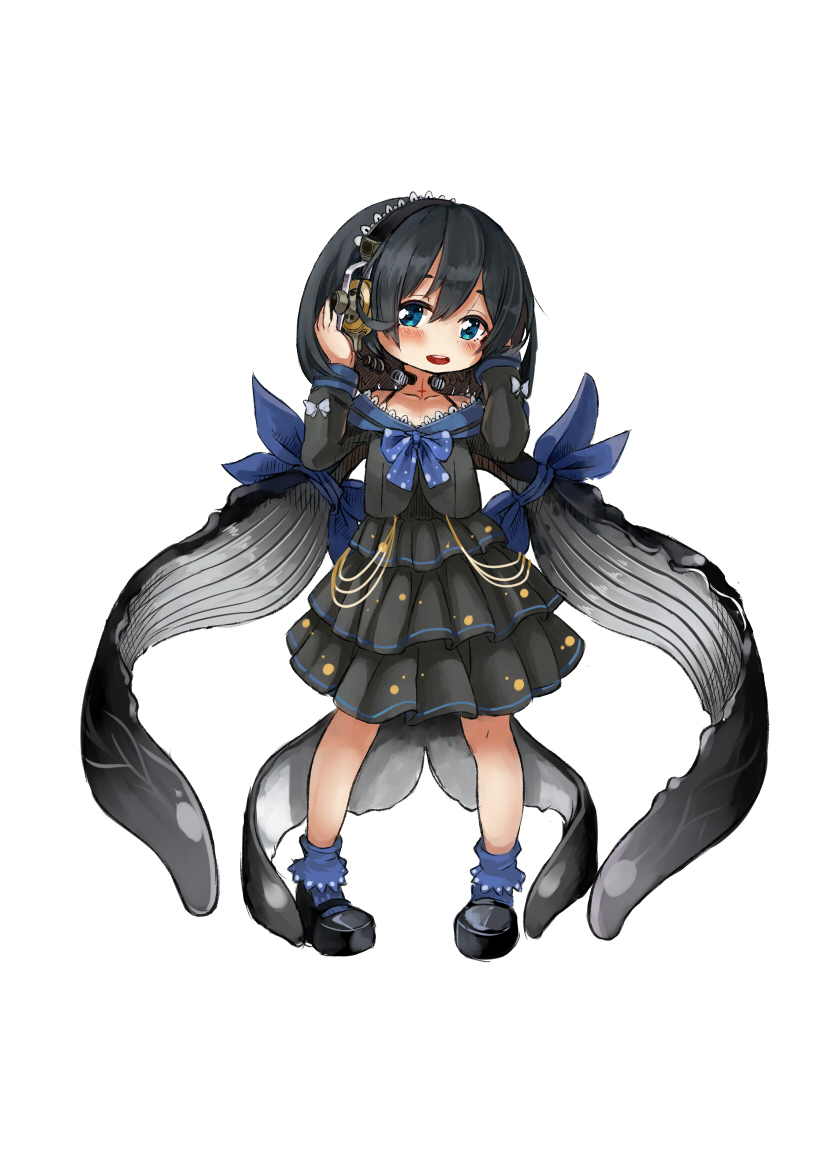 159cm 1girl :d black_dress black_footwear black_hair blue_bow blue_eyes blue_legwear blue_neckwear blush bow bowtie dress fins full_body hands_up headphones lazuli_(159cm) looking_at_viewer medium_hair open_mouth original pigeon-toed shoes simple_background smile socks solo whale_tail_(animal_tail) white_background