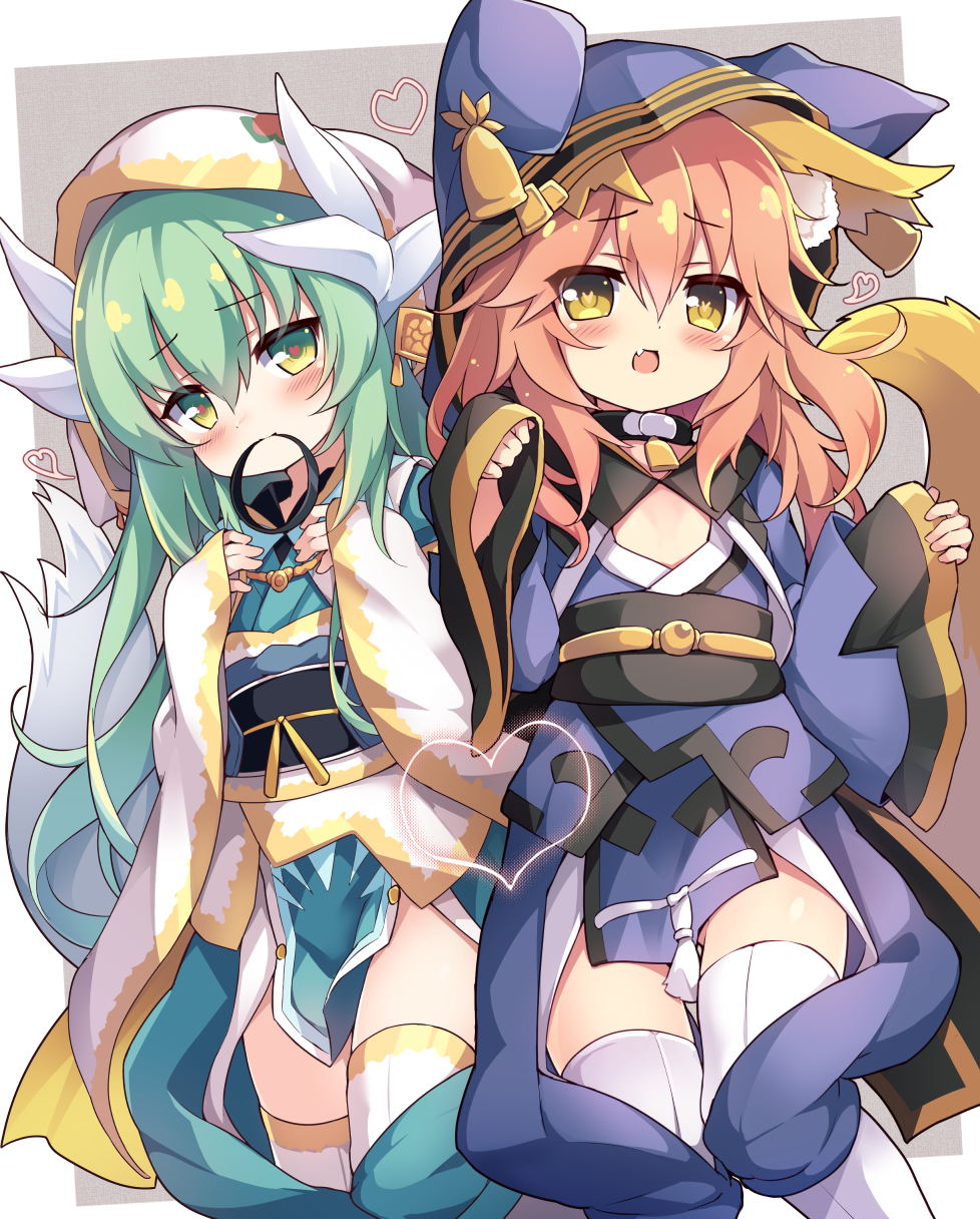 2girls :d animal_ear_fluff animal_ears animal_hood baku-p bangs black_choker blue_kimono blush brown_eyes brown_hair choker closed_mouth commentary_request dragon_horns eyebrows_visible_through_hair fake_animal_ears fang fate/extra fate/grand_order fate_(series) feet_out_of_frame fox_ears fox_girl fox_tail green_eyes green_hair grey_background hair_between_eyes heart heart-shaped_pupils highres hood hood_up horns japanese_clothes kimono kiyohime_(fate) long_hair long_sleeves mouth_hold multiple_girls obi open_mouth pinching_sleeves sash sleeves_past_wrists smile symbol-shaped_pupils tail tamamo_(fate)_(all) tamamo_no_mae_(fate) thigh-highs two-tone_background very_long_hair white_background white_legwear wide_sleeves younger