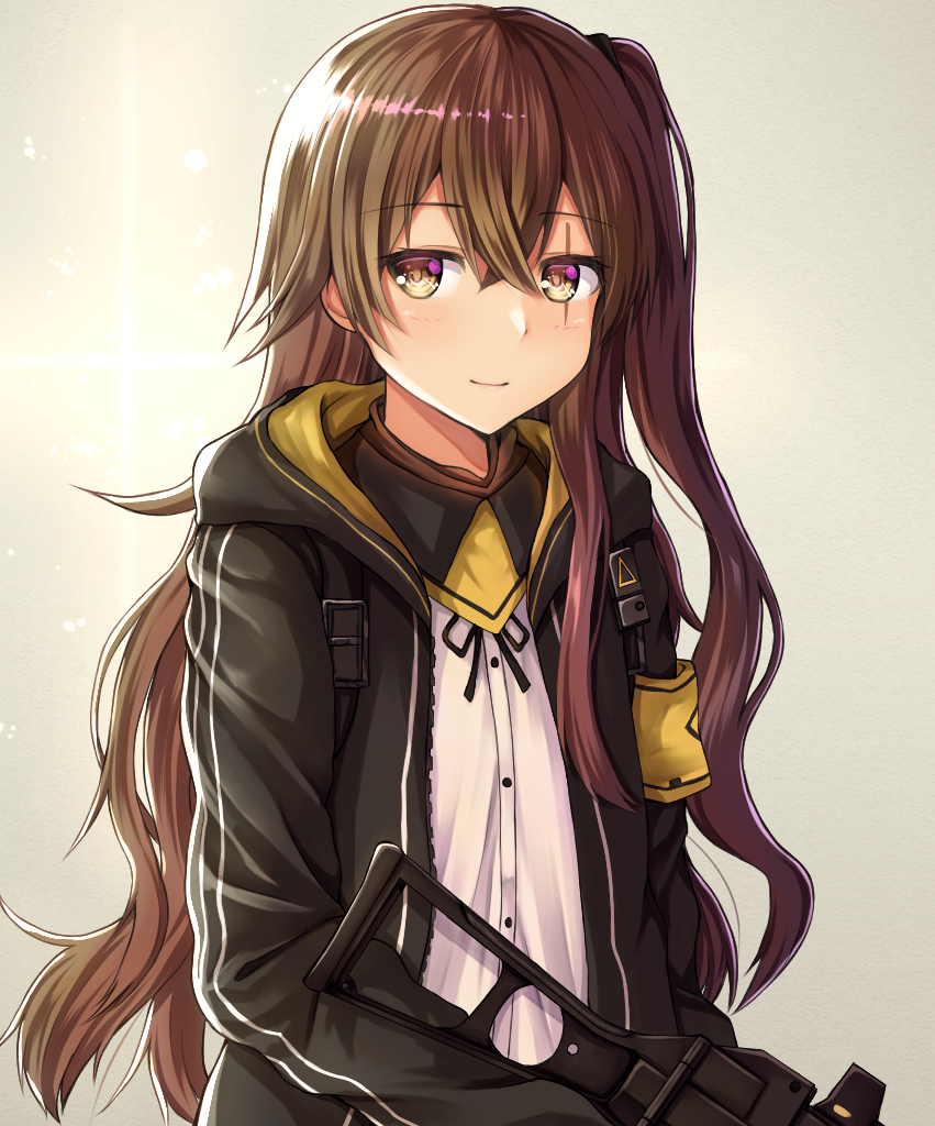 1girl black_jacket black_ribbon brown_eyes brown_hair buran_(22x) closed_mouth eyebrows_visible_through_hair girls_frontline gun h&amp;k_ump hair_ornament holding holding_weapon jacket long_hair looking_at_viewer neck_ribbon open_clothes open_jacket ribbon scar scar_across_eye shirt simple_background solo submachine_gun ump45_(girls_frontline) weapon white_shirt