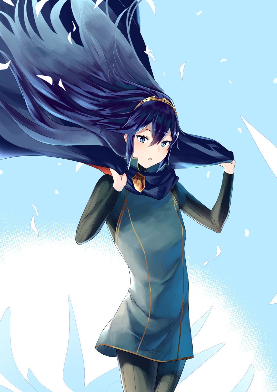 1girl ameno_(a_meno0) blue_eyes blue_hair cape emblem fire_emblem fire_emblem_awakening flat_chest hair_between_eyes highres long_hair long_sleeves looking_at_viewer lucina_(fire_emblem) scarf simple_background solo symbol-shaped_pupils tiara very_long_hair